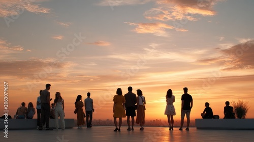 Sunset Serenity: Silhouettes of people stand on a rooftop, gazing at a breathtaking sunset sky painted with hues of orange, pink, and gold.