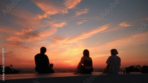 Tranquil Horizon: Three figures in silhouette sit peacefully, gazing at a breathtaking sunset that paints the sky with vibrant hues of orange and pink over a serene seascape.