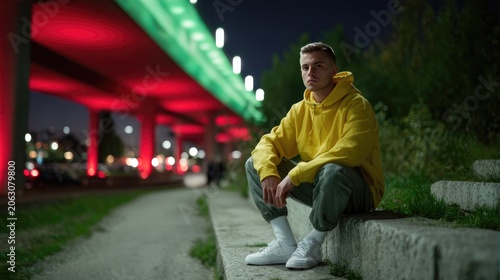 Urban Explorer at Dusk: A young man in a yellow hoodie sits thoughtfully on a concrete ledge under a vibrantly lit overpass, with the city lights blurring in the background.