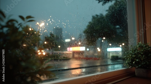 Rainy Cityscape View: A moody, atmospheric view of a city street at night during a heavy downpour, seen through a window. Reflections of streetlights and building signs shimmer on the wet pavement.