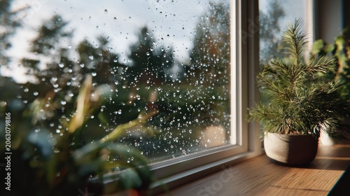 Rainy Day Reflections: Raindrops streak down a windowpane, blurring the lush green trees and garden outside, creating a cozy and contemplative atmosphere indoors.