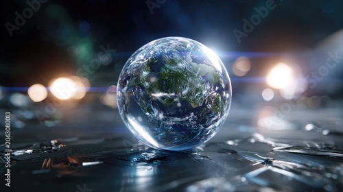 Crystal Earth Orb: A mesmerizing crystal orb, encasing a miniature Earth, rests on a futuristic, shattered surface, bathed in ethereal, cosmic light.