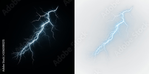 Canvas Print Blue and white lightning strikes a clear sky during a storm at night creating an