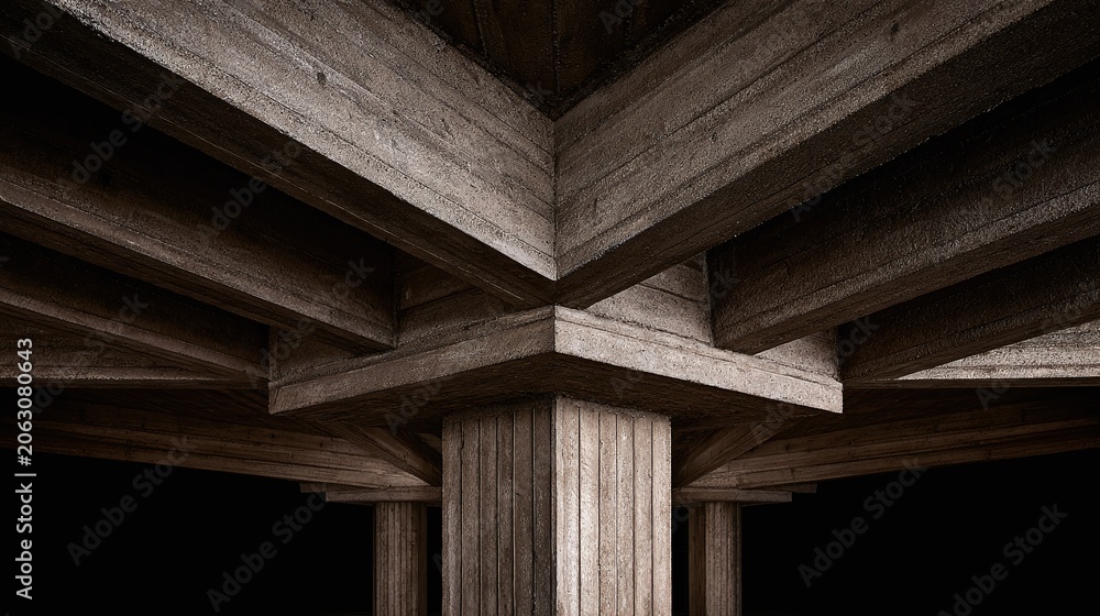 Naklejka premium Striking Brutalist Architecture Detail Featuring Strong Concrete Beams and Pillars, Emphasizing Geometric Shadows and Form Against a Dark Background