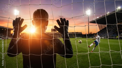 Goalkeeper Silhouette Behind Net at Sunset
