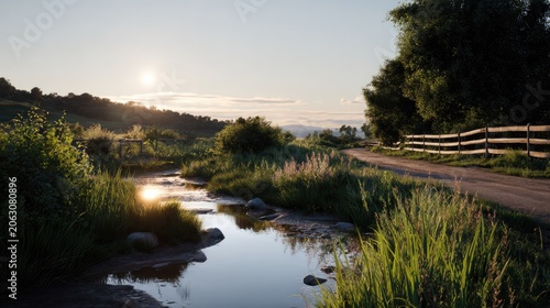 Sunrise over Rural Landscape: A tranquil rural scene unfolds at sunrise, with golden light illuminating a winding country road and a gentle stream reflecting the soft morning sky.
