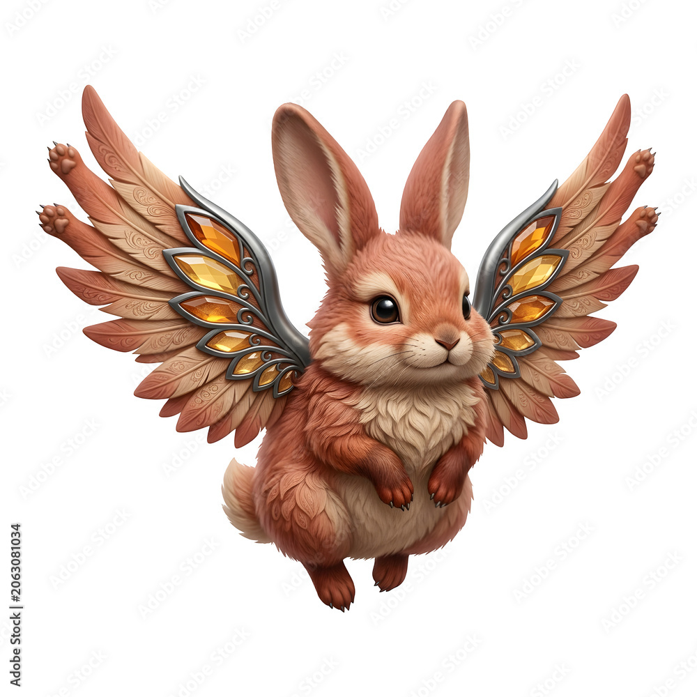 Fototapeta premium Winged Rabbit Illustration with Orange Wings isolated on transparent background