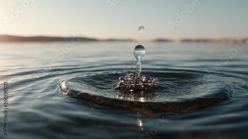 Water Droplet Impact: A single water droplet creates ripples across a calm surface, a moment of pure elemental beauty captured in exquisite detail.