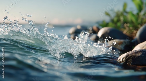 Crystal Clear Waves Crashing on Pebbles: The invigorating splash of clear, blue water meets a collection of smooth, rounded pebbles on a sun-drenched shore.