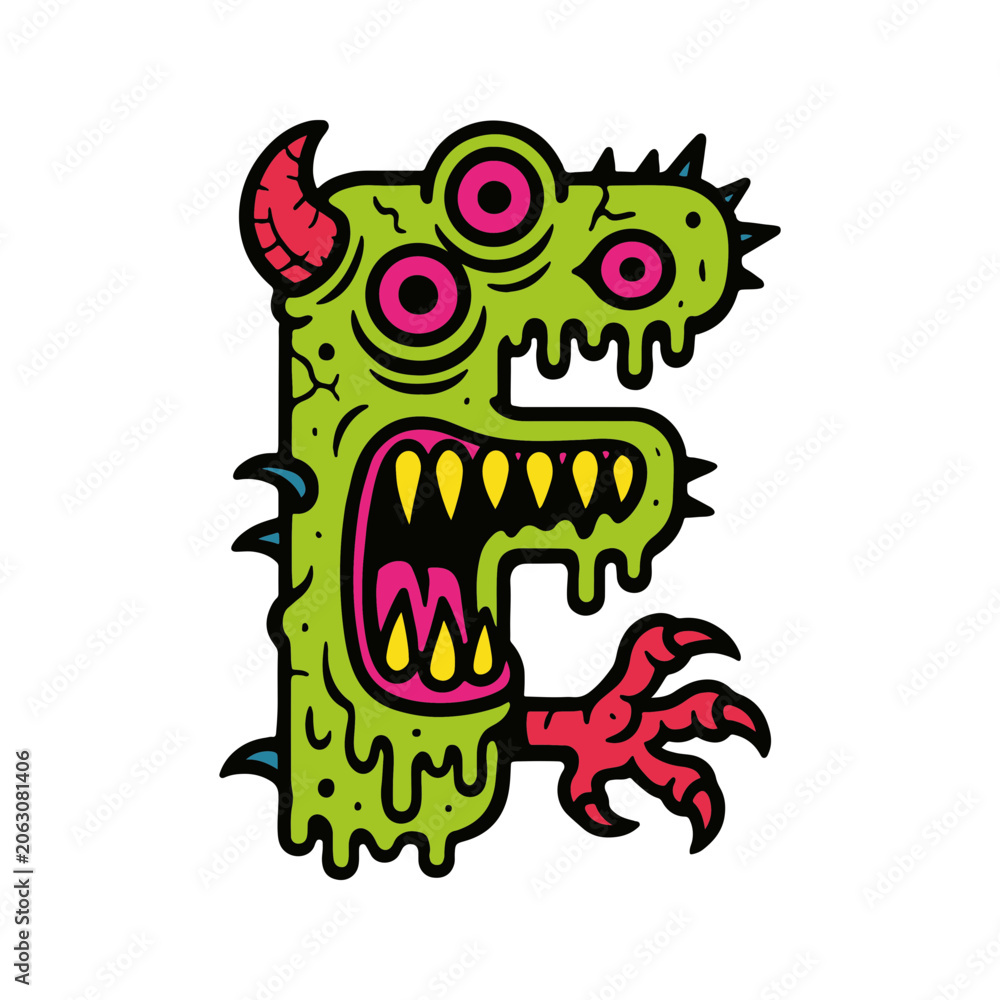 Fototapeta premium Cartoonish monster letter e design with vibrant colors and dripping effect t-shirt design