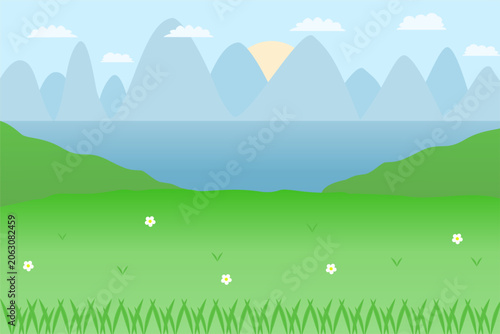 Vector of spring in natural,Blue sky landscape,Meadow on hills with flowers green plant illustration