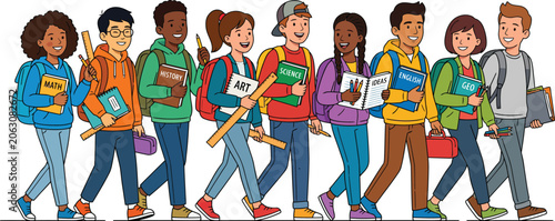 Diverse group of happy students walking with backpacks and school books, multicultural teenagers going to class, colorful cartoon illustration of high school pupils