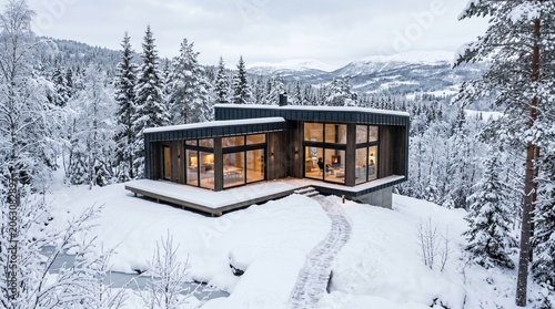 Modern snow-covered cabin, wooden house, winter landscape, cozy retreat, mountain getaway