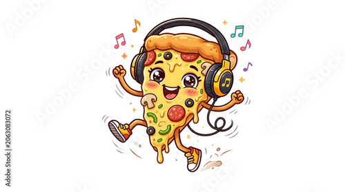 Kawaii pizza slice character wearing headphones, happy dancing food mascot with musical notes, cute pepperoni pizza illustration for kids isolated PNG with Transparent Background