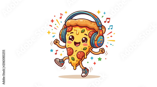 Kawaii pizza slice character wearing headphones, cute dancing pepperoni pizza mascot with music notes, cheerful fast food cartoon illustration isolated PNG with Transparent Background