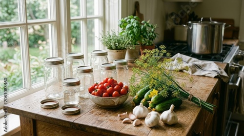 Fresh Vegetables and Jars in Cozy Kitchen Vegetables Jars Herbs Tomatoes Cucumbers Garlic Rustic. Concept featuring vegetables, jars, herbs, tomatoes, cucumbers for professional commercial design.