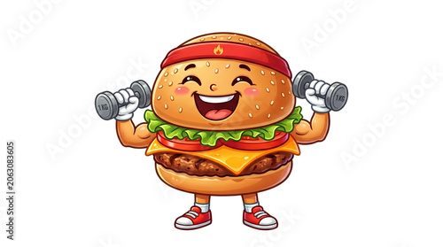 Funny cartoon burger character lifting dumbbells, muscular fast food mascot exercising, healthy lifestyle and fitness concept illustration isolated PNG with Transparent Background