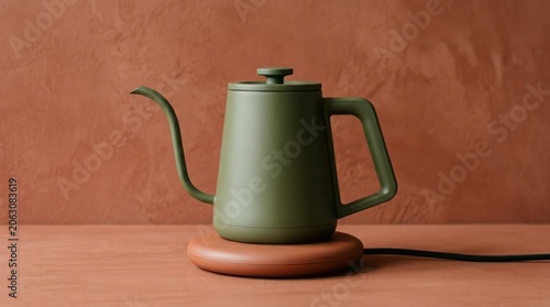 Modern Green Kettle on Wooden Base