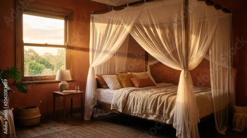 Cozy Bedroom with Canopy Bed and Warm Lighting