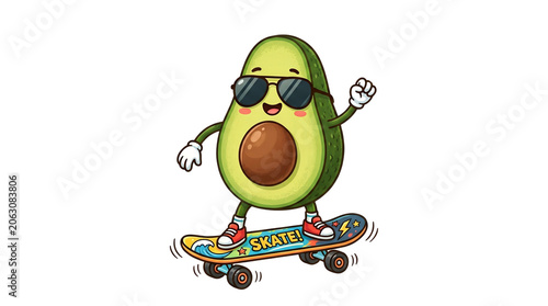Cool avocado cartoon character riding a skateboard, funny fruit mascot wearing sunglasses and sneakers, active healthy lifestyle illustration isolated PNG with Transparent Background