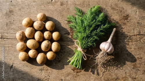 Fresh Potatoes, Dill, and Garlic on Wooden Table