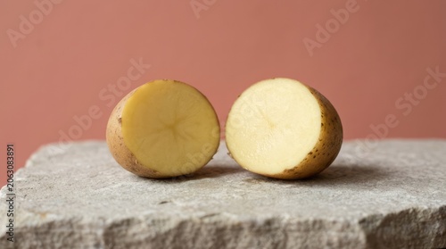 Freshly Cut Potato Halves on Stone Surface