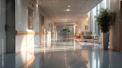Hospital Corridor Sunlight: A long, empty hospital corridor bathed in warm, natural sunlight streaming through the windows, highlighting the polished floor and inviting a sense of calm and serenity.