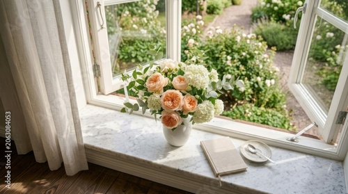 Fresh Flowers in a Sunny Window Bouquet Roses Hydrangeas Window Garden Interior Home Decor. Concept featuring bouquet, roses, hydrangeas, window, garden for professional commercial design.