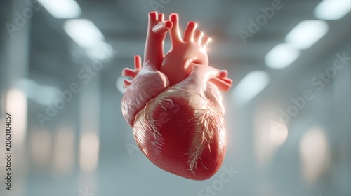 Anatomical Heart: A realistic, three-dimensional render of a human heart, suspended in a softly lit, modern environment, symbolizing life, health, and the intricacies of the circulatory system.