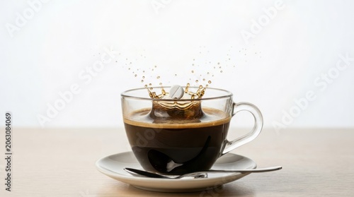 Coffee Splash in Glass Cup Splash Glass Cup Beverage Espresso Wooden Table Drink Liquid. Concept featuring splash, glass cup, beverage, espresso, wooden table for professional commercial design.