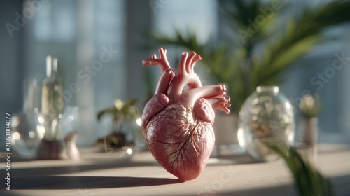 Anatomical Heart Model: A detailed anatomical model of a human heart rests on a sun-drenched surface, surrounded by glass vessels and lush green plants, evoking a sense of life and well-being.