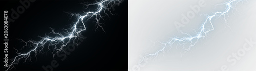 Valokuva Blue and white lightning strike isolated on transparent and black background sho