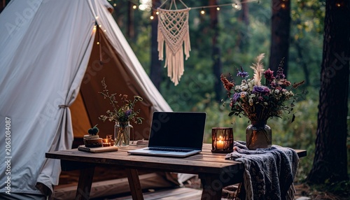 Bohemian tent workspace with laptop, wildflower arrangement, and golden lantern light