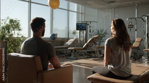 Rehabilitation Room Serenity: Two individuals engage in a therapeutic session within a bright, modern rehabilitation room, overlooking a scenic outdoor vista.