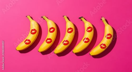 Bananas with red lipstick kisses arranged.