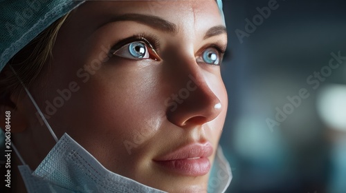 Focused Surgeon's Gaze: A close-up portrait of a dedicated female surgeon, her piercing blue eyes reflecting intense concentration and unwavering resolve.