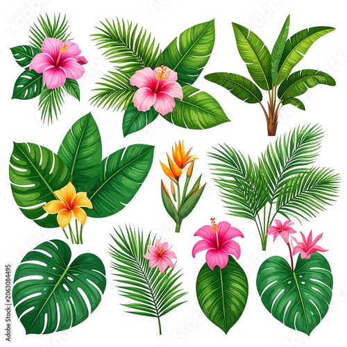 A vibrant collection of tropical leaves and flowers