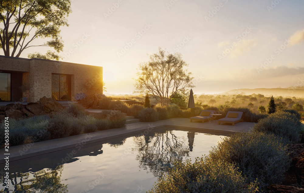 Fototapeta premium Modern house with reflective pool at sunset