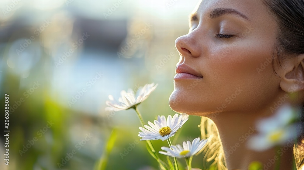Fototapeta premium woman inhaling fresh air peaceful nature scene daisy flowers