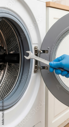Woman hand in blue glove holding wrench near washing machine drum. Household appliance repair service. Maintenance concept.
