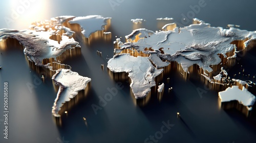Globe of Gold and Ice: A striking 3D rendered map of the world, where continents are sculpted from ice and outlined in gleaming gold, casting long shadows under a dramatic, illuminated sky.
