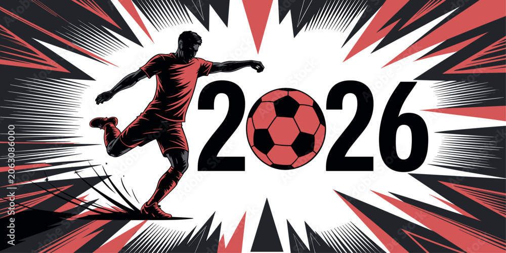 Obraz premium Dynamic soccer player action illustration kicking a ball with 2026 text, featuring a powerful speed and energy burst graphic style.