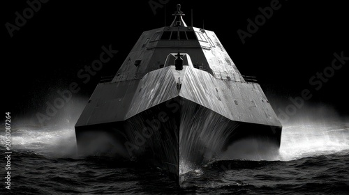 Modern Naval Vessel Cutting Through Dark Waters in Dramatic Scene