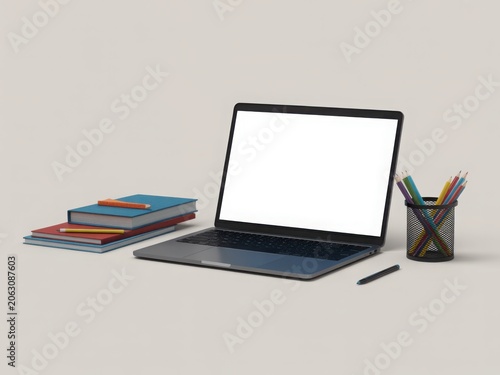 Minimalist laptop mockup with blank white screen, modern workspace setup with notebooks and pencils, clean home office desk for web design presentation