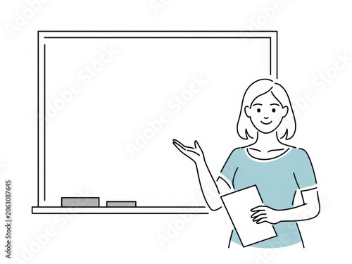 Minimalist line art illustration of a female teacher pointing at a blank whiteboard, professional woman giving a presentation, educational concept with copy space