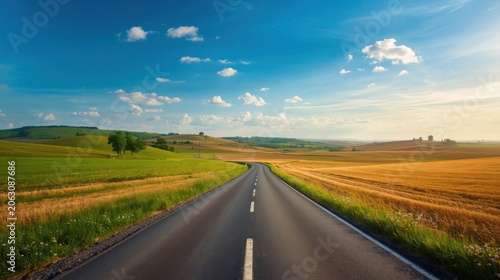 Endless winding road stretches through lush green and golden fields under blue sky with white clouds