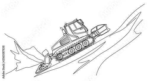Foto Snow groomer vehicle climbing steep snowy mountain slope, line art illustration
