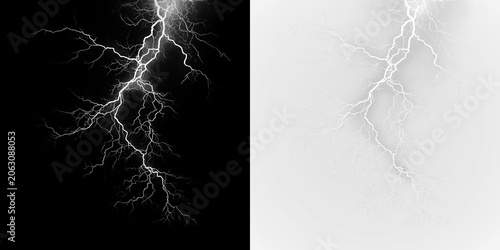 Konstfotografi White lightning strikes isolated on transparent and black background with gray t