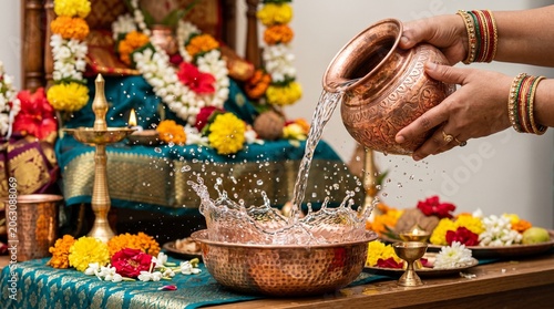 Shodashopachara Puja, crystal clear water being poured from a copper kalash into a copper bowl,
