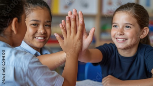 Diverse school children giving high five in classroom, happy elementary students celebrating success, smiling young girls showing teamwork and unity